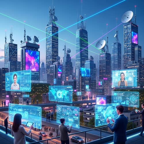 Futuristic Communication Cityscape | Network Connection & Holographic Devices