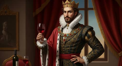 Regal Figure with Red Wine in Luxurious Setting - Classical Oil Painting Style