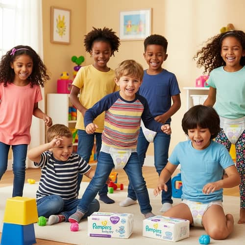 Playful 9-Year-Old Kids in Pampers Baby Dry Diapers | Colorful Setting