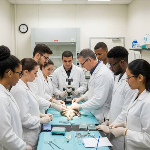 Surgery Practice on Rabbit: Students Guided by Professor in Laboratory