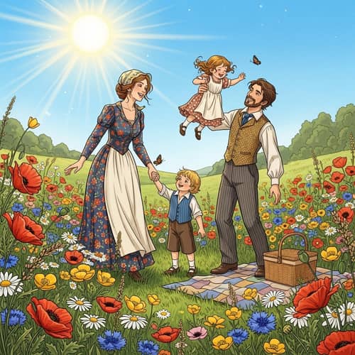 Joyful Family Time in Colorful Flower Field | Studio Ghibli Inspiration