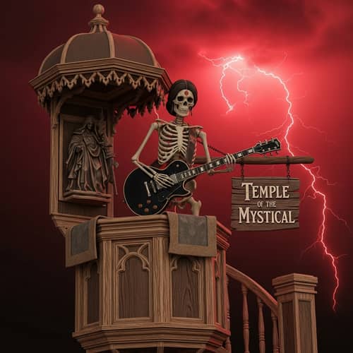 Temple of Wicced: Enigmatic Skeleton Preacher Shreds on Guitar