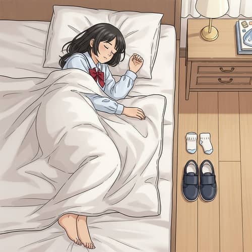 Tranquil Asian 12-Year-Old Girl Asleep in School Uniform