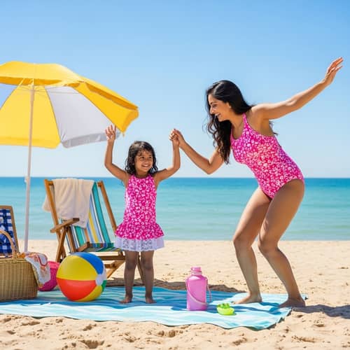 Joyful Mother-Daughter Beach Day: Radiant Fun in Matching Swimsuits