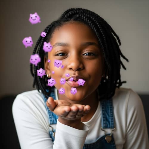 Black Girl Blowing Kisses with Enchanting Purple Shapes