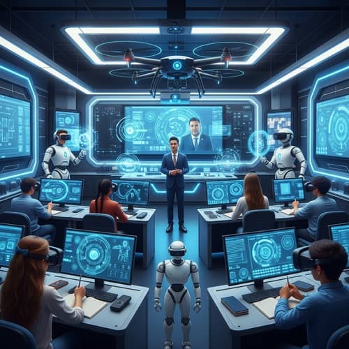 Futuristic Tech-Filled Classroom: Innovative Learning Environment