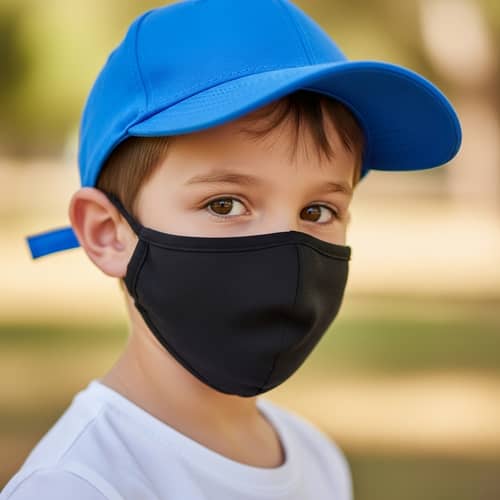 Boy with Blue Cap, Black Face Mask & White T-Shirt