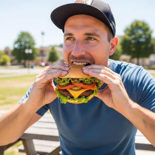 Man Enjoying Delicious Hamburger Outdoors | Picnic Bench