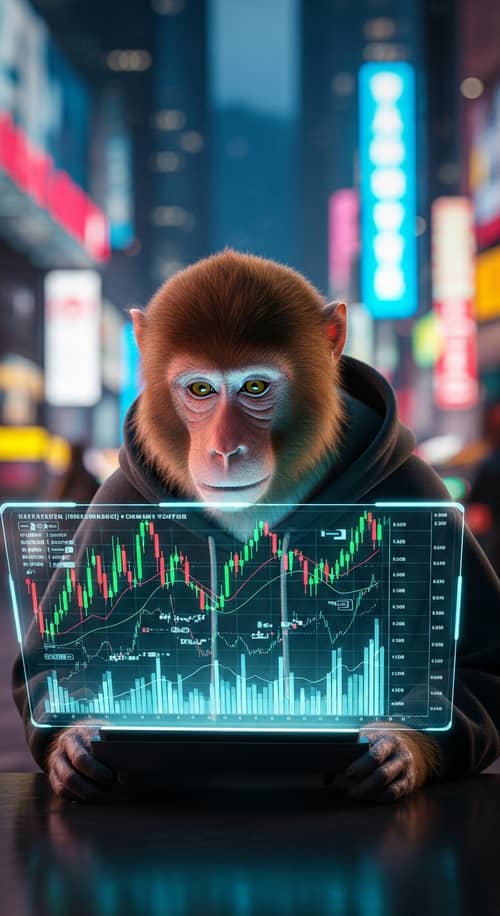 Monkey in Black Hoodie with Neon Lights Trading Charts