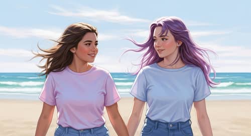 Romantic Anime Girls' First Date at Beach with Celestial Bikinis