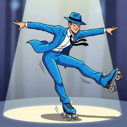 Dancing Male Figure in Sparkling Suit and Fedora on Roller Skates