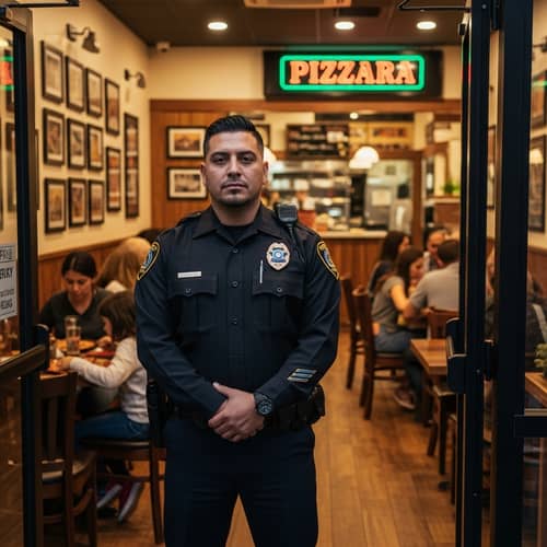Hispanic Male Security Guard at Vibrant Pizzeria