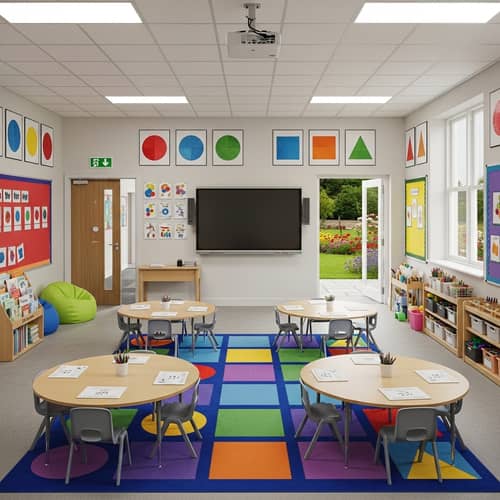 Classroom Design with Smart Board, Garden View, and Shapes