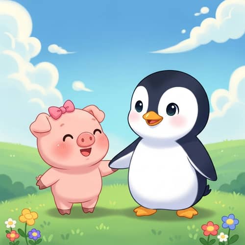 Cartoon Piglet and Penguin | Joyful Friendship Scene