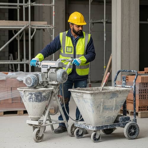 South Asian Male Worker Mechanized Plastering | Construction Site