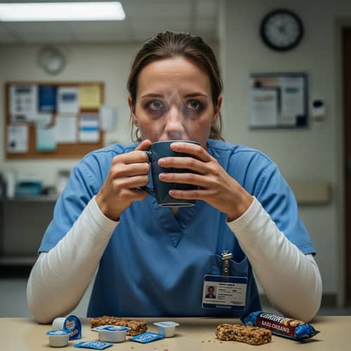Exhausted Caucasian Female Hospital Employee Coffee Break