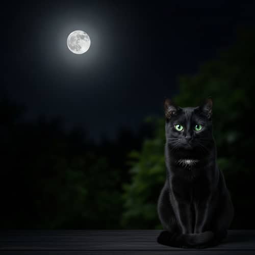 Serene Night Scene with Full Moon and Mysterious Black Cat