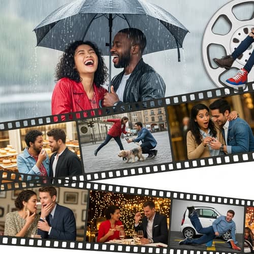Colorful Romantic Comedy Film Reel Scene with Diverse Characters