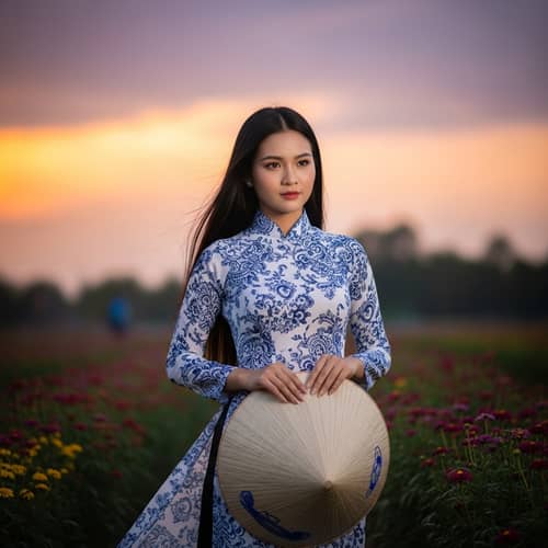 Tranquil Ao Dai Portrait in Flower Garden at Sunset