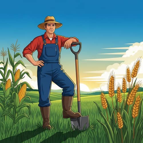Experienced Farmer Working in Lush Fields | Farm Life Illustration