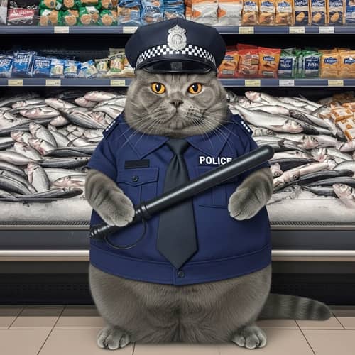 British Cat Police Officer Maintaining Order in Grocery Store