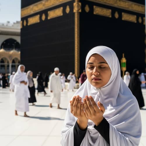 South Asian Female Student Praying Devoutly at Kaaba