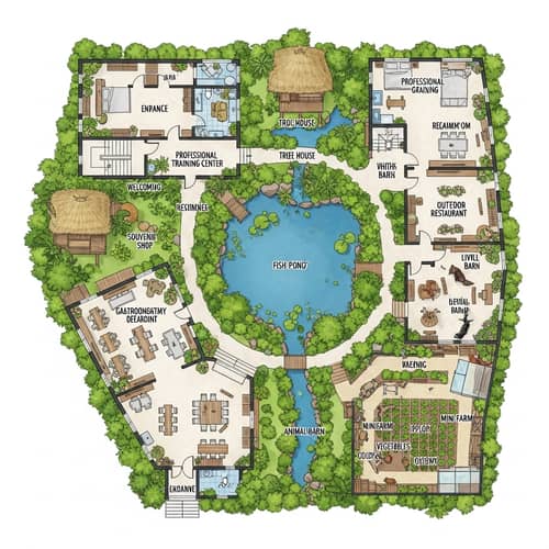 Nature-Focused Floor Plan with Fishpond, Tree House, and Wellness Spa