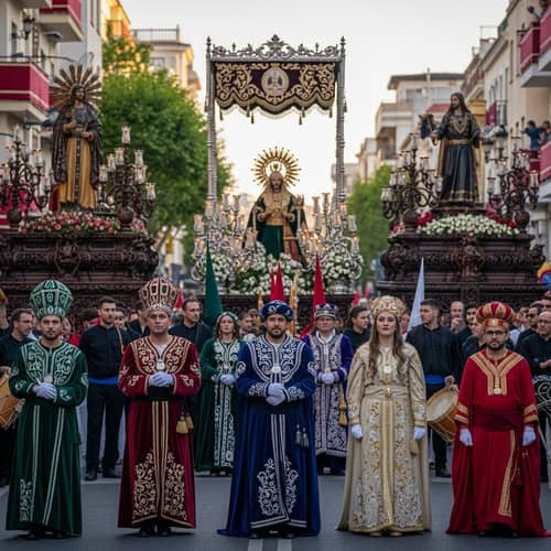 Vibrant La Semana Santa Celebration with Colorful Floats and Regal Attire