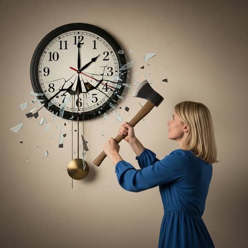 Blonde Woman Breaking Clock - Symbolizing Destruction of Time