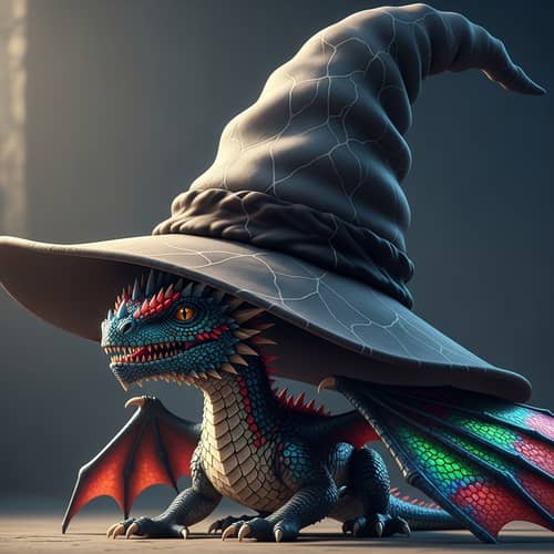 Fantastical Tiny Dragon with Red, Blue, Green, Black Scales and Huge Wizard Hat