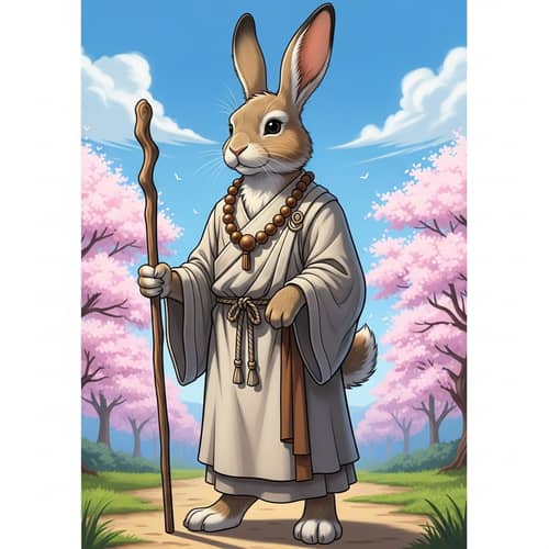 Anthropomorphic Rabbit Monk with Wooden Staff