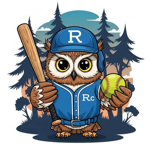 Cute Cartoon Owl with Bat and Softball in Whimsical Forest