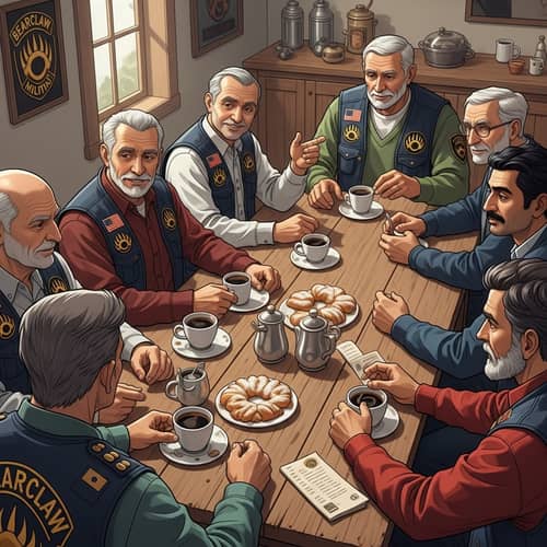 Bearclaw Militia: Diverse Elders Sharing Stories Over Coffee