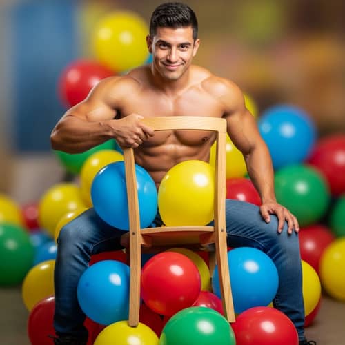 Muscular Hispanic Man Popping Balloons with Chair | Exciting Scene