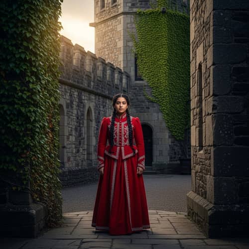 South Asian Brunette Girl in Red Uniform at Ancient Stone Castle
