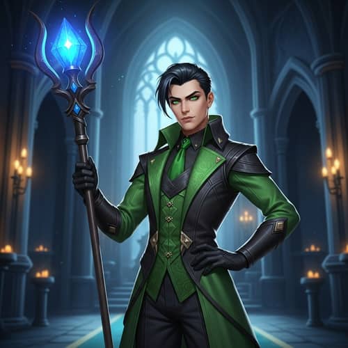 Crafty Character in Green and Black Costume with Scepter