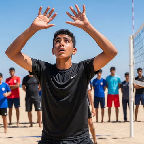 Middle-Eastern Boy Playing Volleyball on Sandy Beach