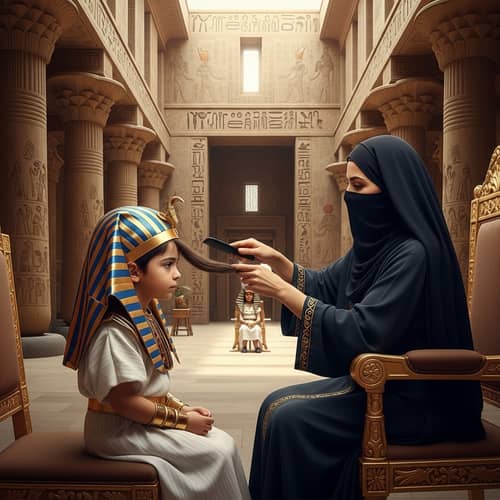 Veiled Woman Combines Son's Hair in Pharaonic Palace