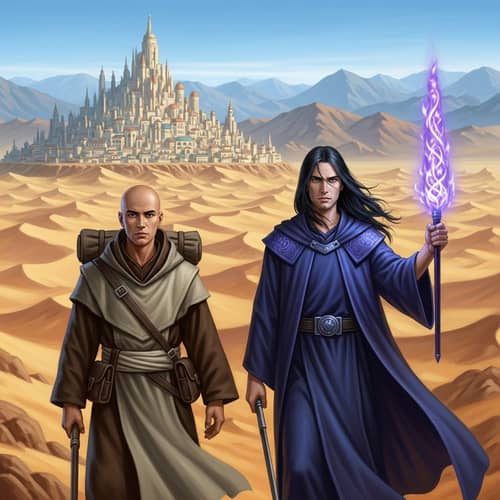 Desert Journey Fantasy Illustration: Monk and Sorcerer in Enchanting Landscape