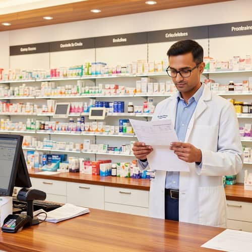 South Asian Male Pharmacist with Prescription in UK Pharmacy