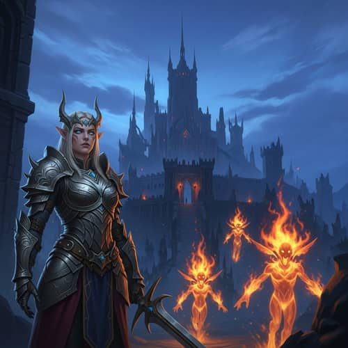 Ominous Fortress & Female Warrior with Ifrits | Fantasy Scene