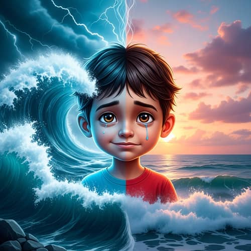 Hispanic Little Boy Illustration with Happy and Sad Expressions