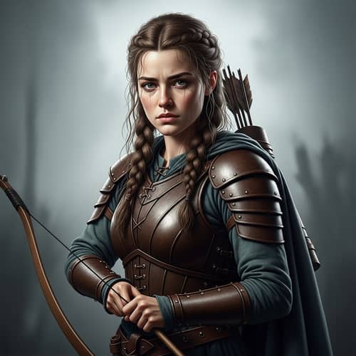 Elara - Young Caucasian Woman in Brown Leather Armor with Bow