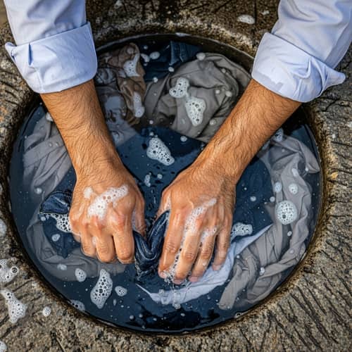 Middle-Eastern Person Hand Washing Clothes - Basin Camera Shot