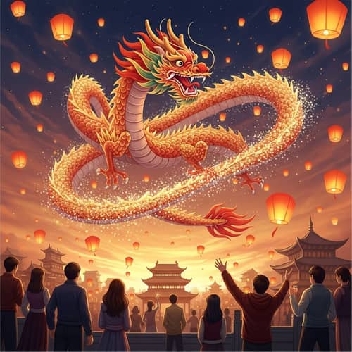Colorful Chinese New Year Dragon Dancing in Sky - Festive Celebration