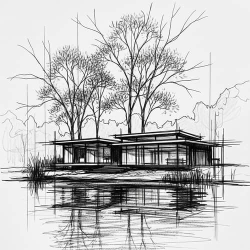 Modern Lake Shore House Drawing with Glass Openings