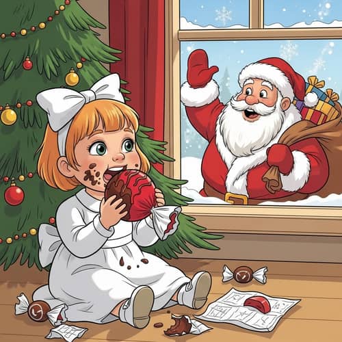 Cartoon Illustration: Girl Eating Enormous Chocolate Candy Under Evergreen Tree