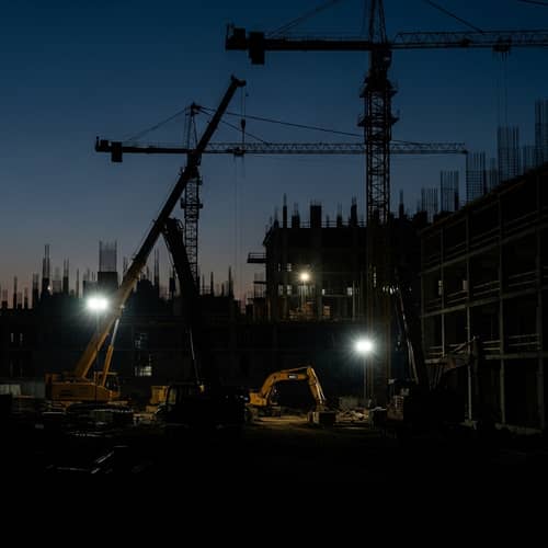 Twilight Construction Site | Nighttime Builders & Machinery