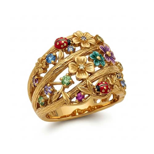 Golden Secret Garden Ring with Gemstones & Ladybugs