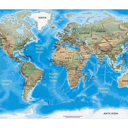 Colorful World Map with Detailed Continents and Oceans